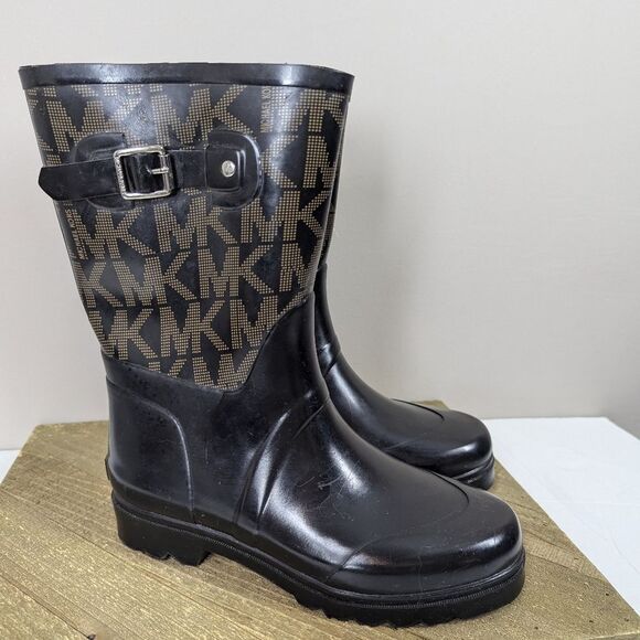 Michael Kors Logo Rain Boots – Black & Brown Monogram – Women’s Size 8 - Picture 6 of 8